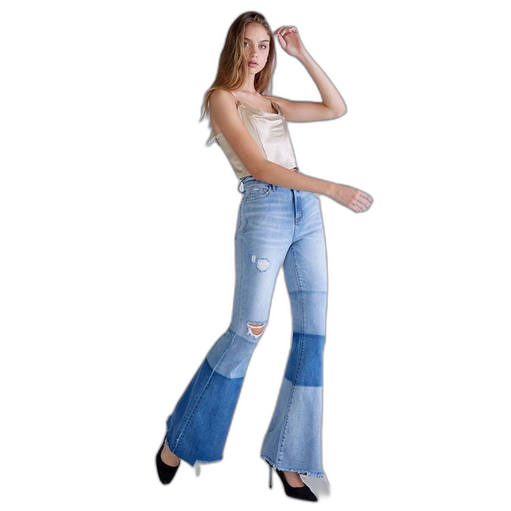 Ceros high rise super flare denim colorblock distressed jeans size 24